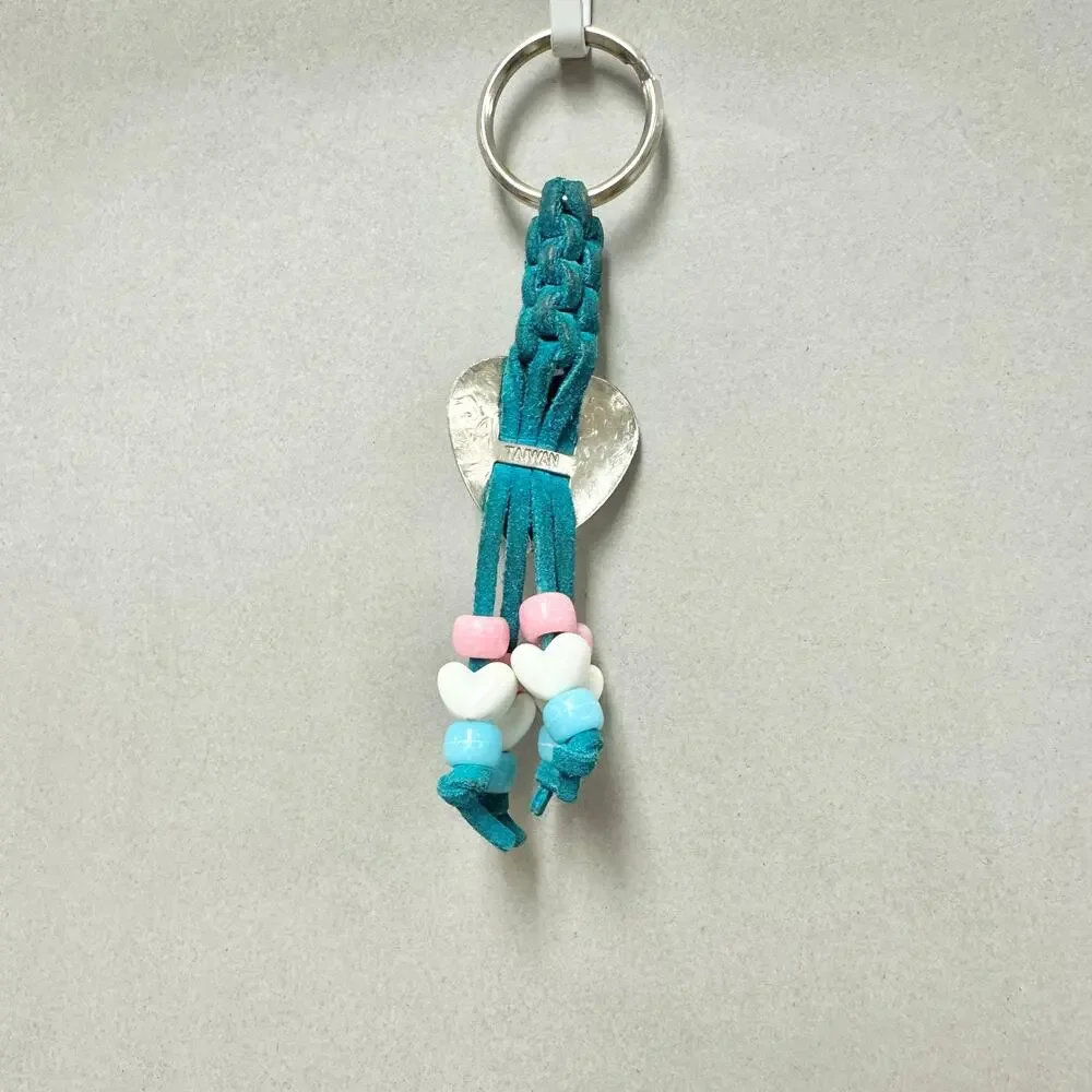 Vintage 90s handmade suede leather‎ and bead macrame Keychain heart concho boho